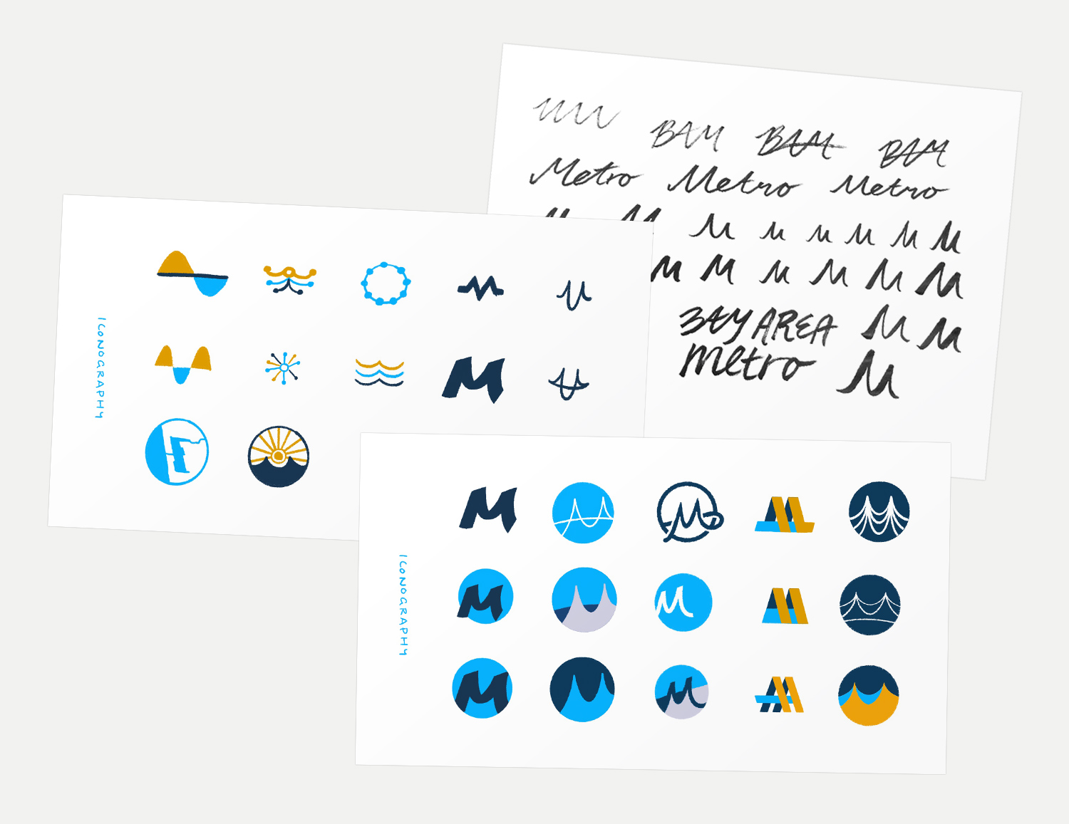 A collection of logo sketches inspired by transit motifs and the San Francisco Bay Area