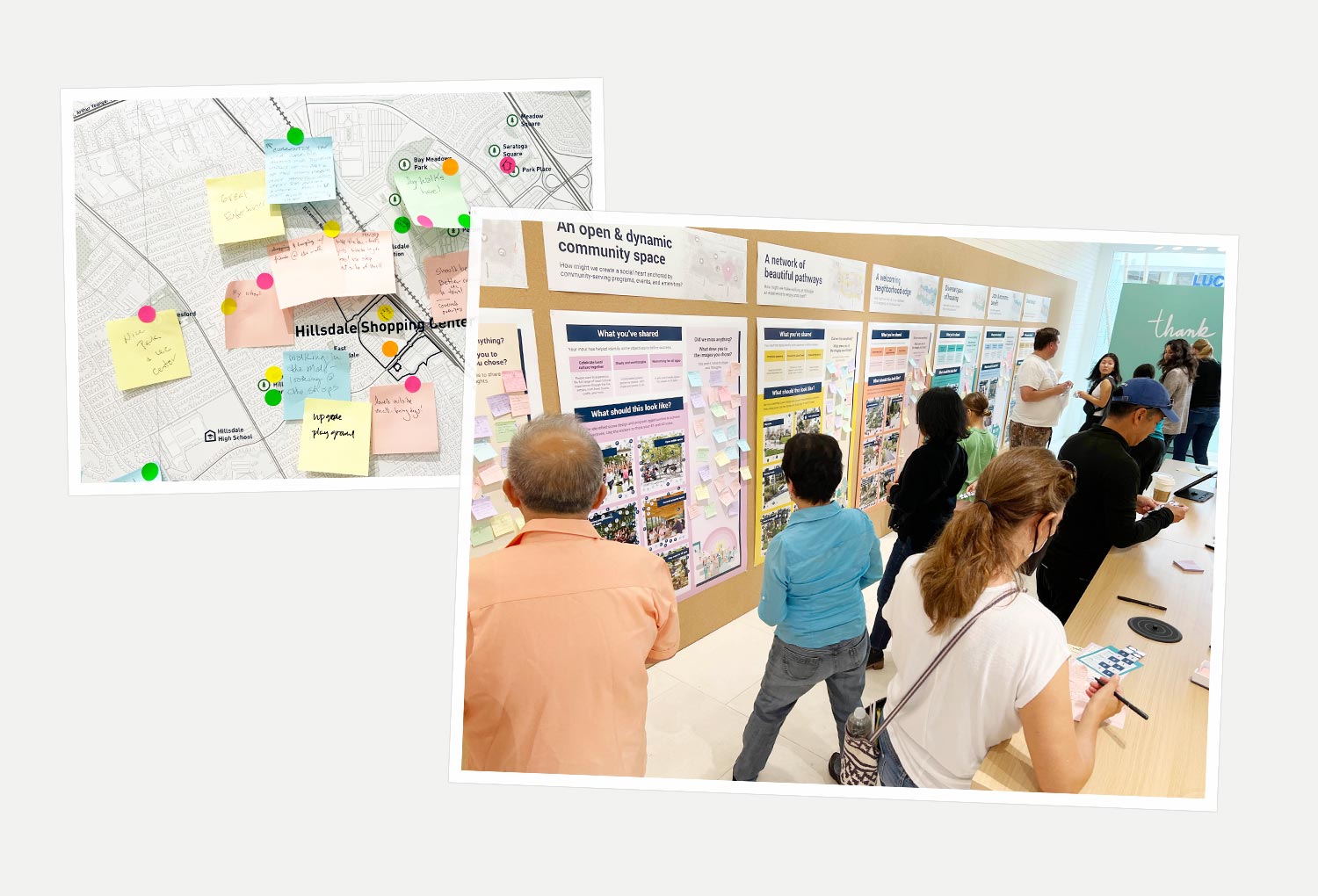 Two photos, the first of post-it notes on a map, the second a colorful set of posters explaining urban design ideas surrounded by a crowd of workshop participants