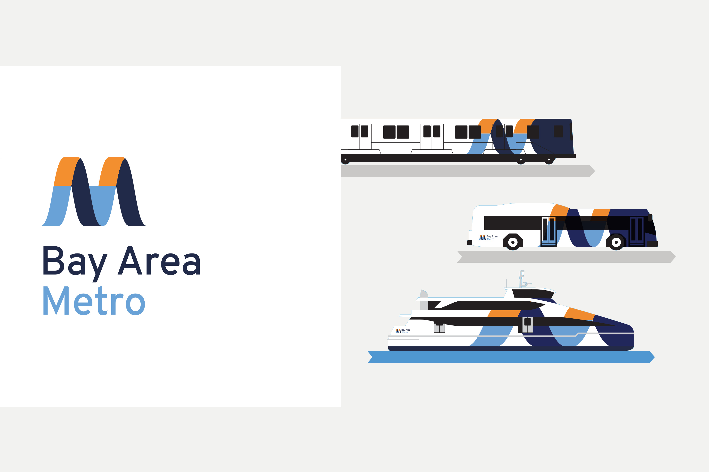A logo reads 'Bay Area Metro' with a geometric 'M' in blue and orange, with illustrations of transit vehicles adorned with the same colors and branding