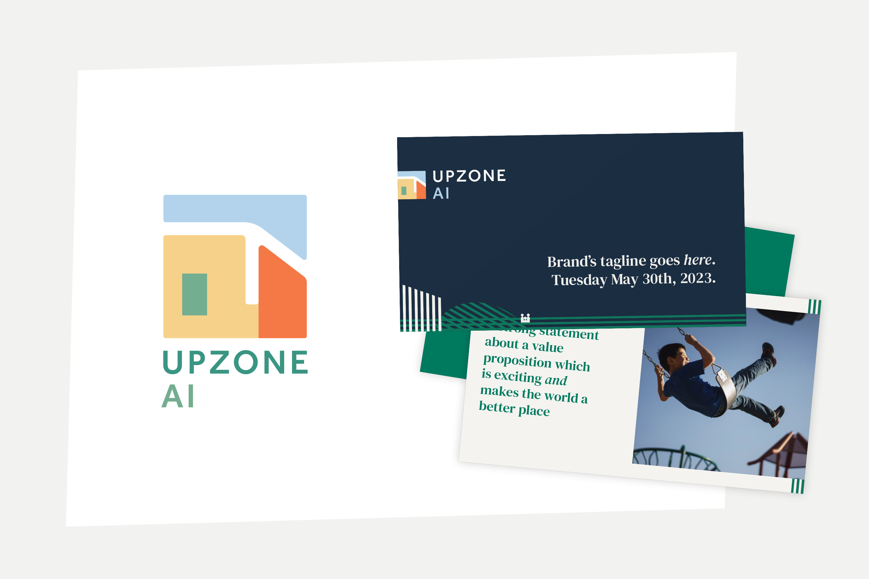 A logo reads 'Upzone AI' with an icon of a GIS map, and some startup pitch deck slides