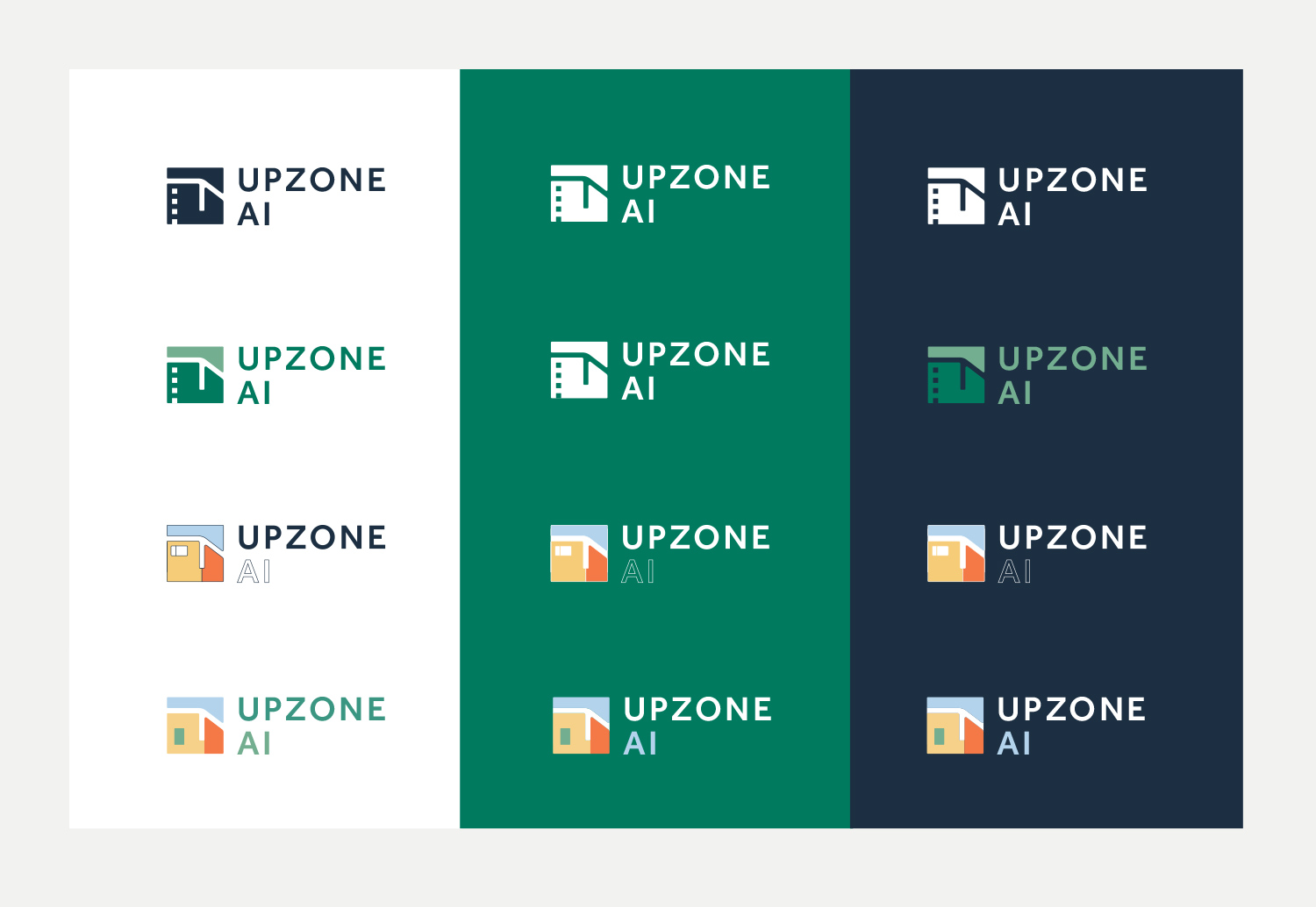 A set of similar logos for an artificial intelligence and proptech startup exploring different versions of the city block map icon and color choices